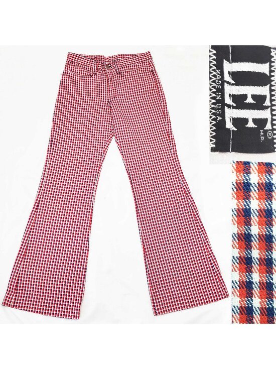 70s LEE Women's Vintage Flared Bell Bottom Jeans Pants Red White Blue Check